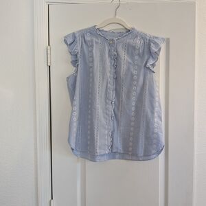 LOFT Blue and White Striped Ruffle Blouse
